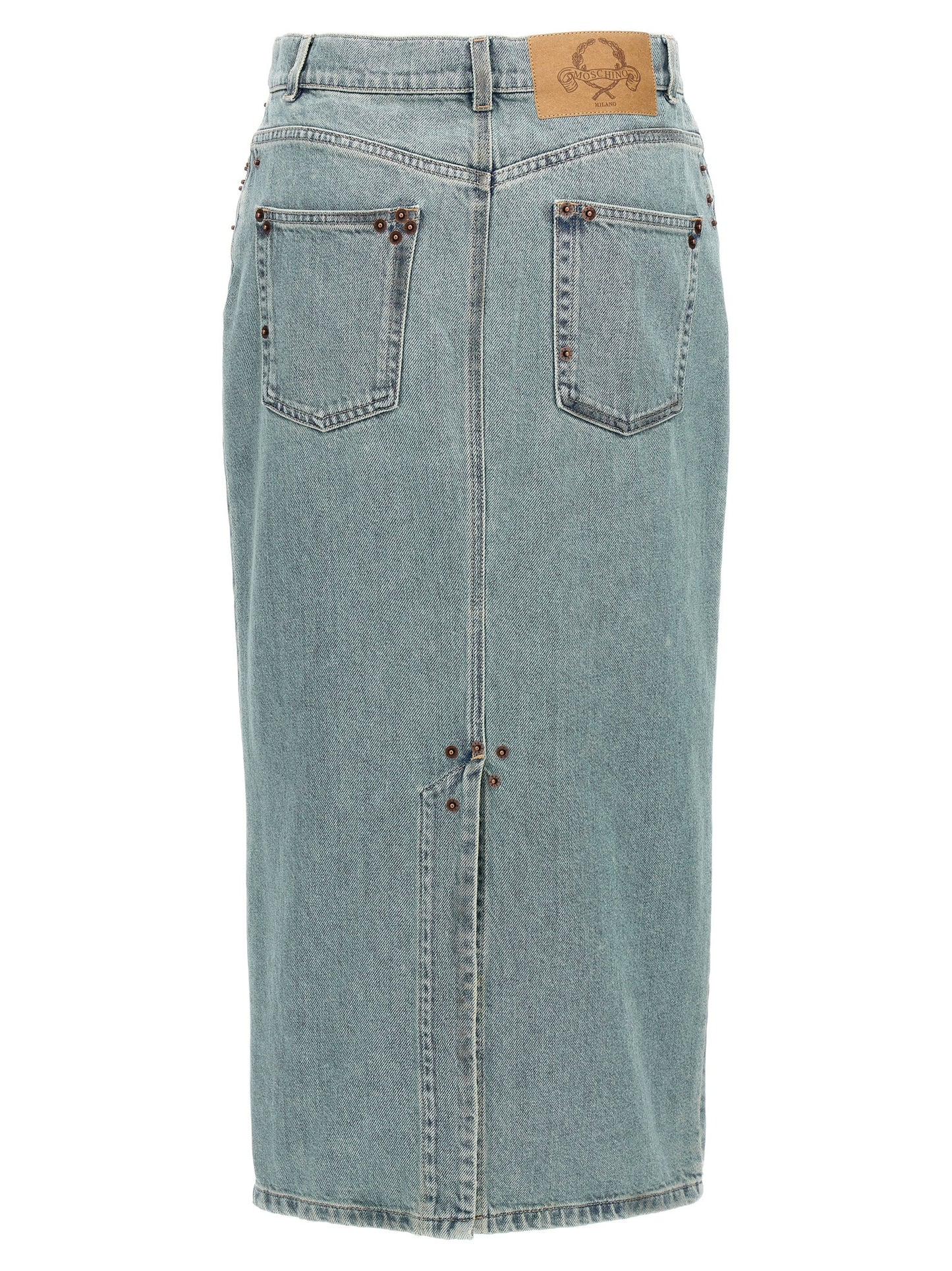 Skirt by Moschino for women in denim cotton light-blue features a sublime silhouette, showcasing the sublime design of the Women's Denim Cotton Midi Skirt in a sophisticated midi.
