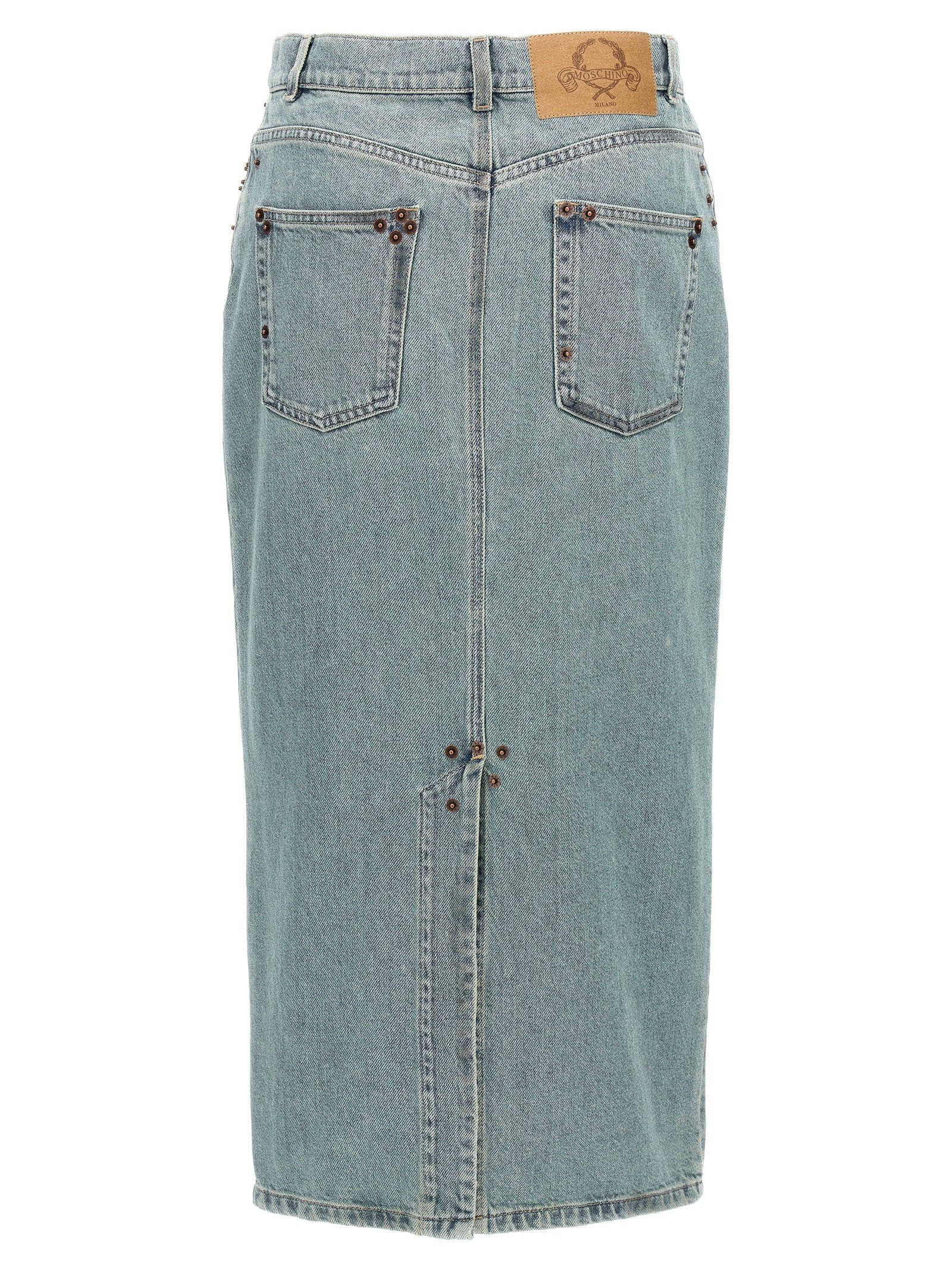 Skirt by Moschino for women in denim cotton light-blue features a sublime silhouette, showcasing the sublime design of the Women's Denim Cotton Midi Skirt in a sophisticated midi.