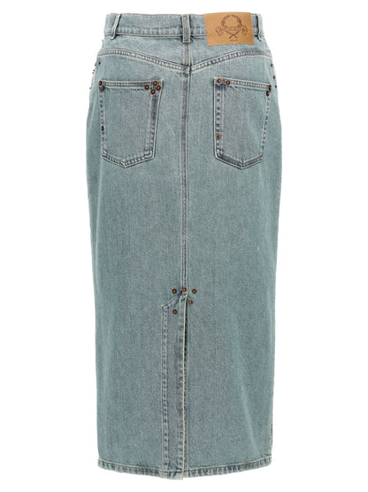 Skirt by Moschino for women in denim cotton light-blue features a sublime silhouette, showcasing the sublime design of the Women's Denim Cotton Midi Skirt in a sophisticated midi.