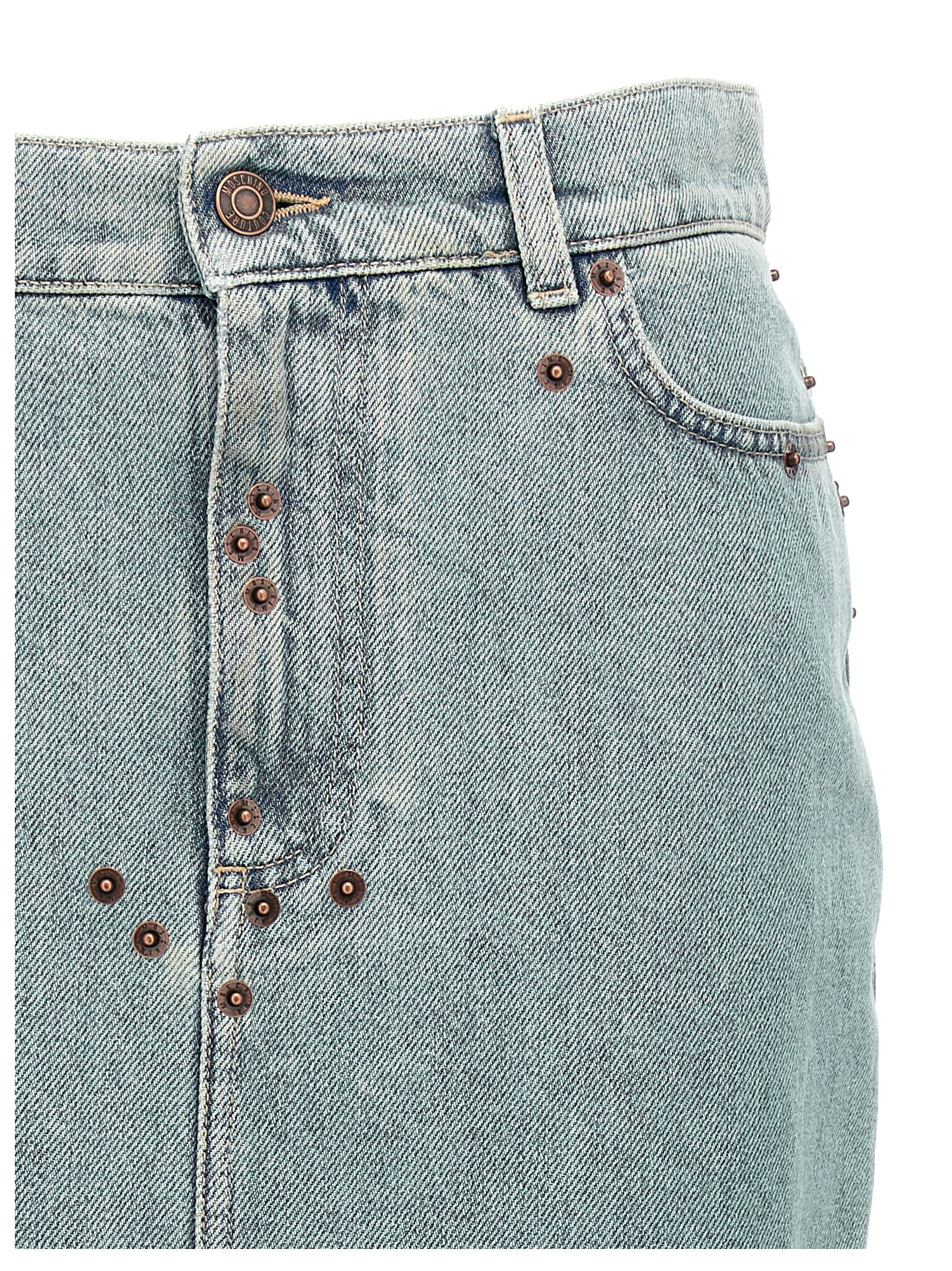 Skirt by Moschino for women in denim cotton light-blue features an relaxed-yet-refined silhouette that elegantly showcases the Women's Denim Cotton Midi Skirt design and sophisticated midi.
