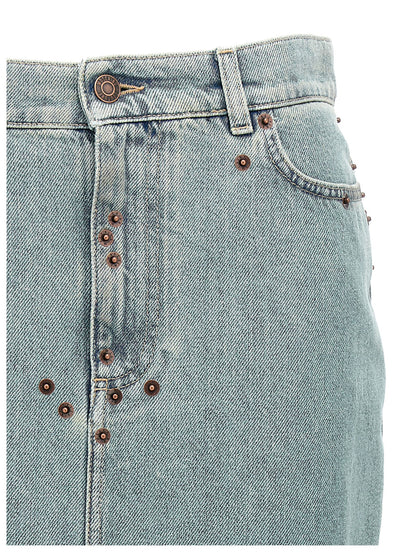 Skirt by Moschino for women in denim cotton light-blue features an relaxed-yet-refined silhouette that elegantly showcases the Women's Denim Cotton Midi Skirt design and sophisticated midi.