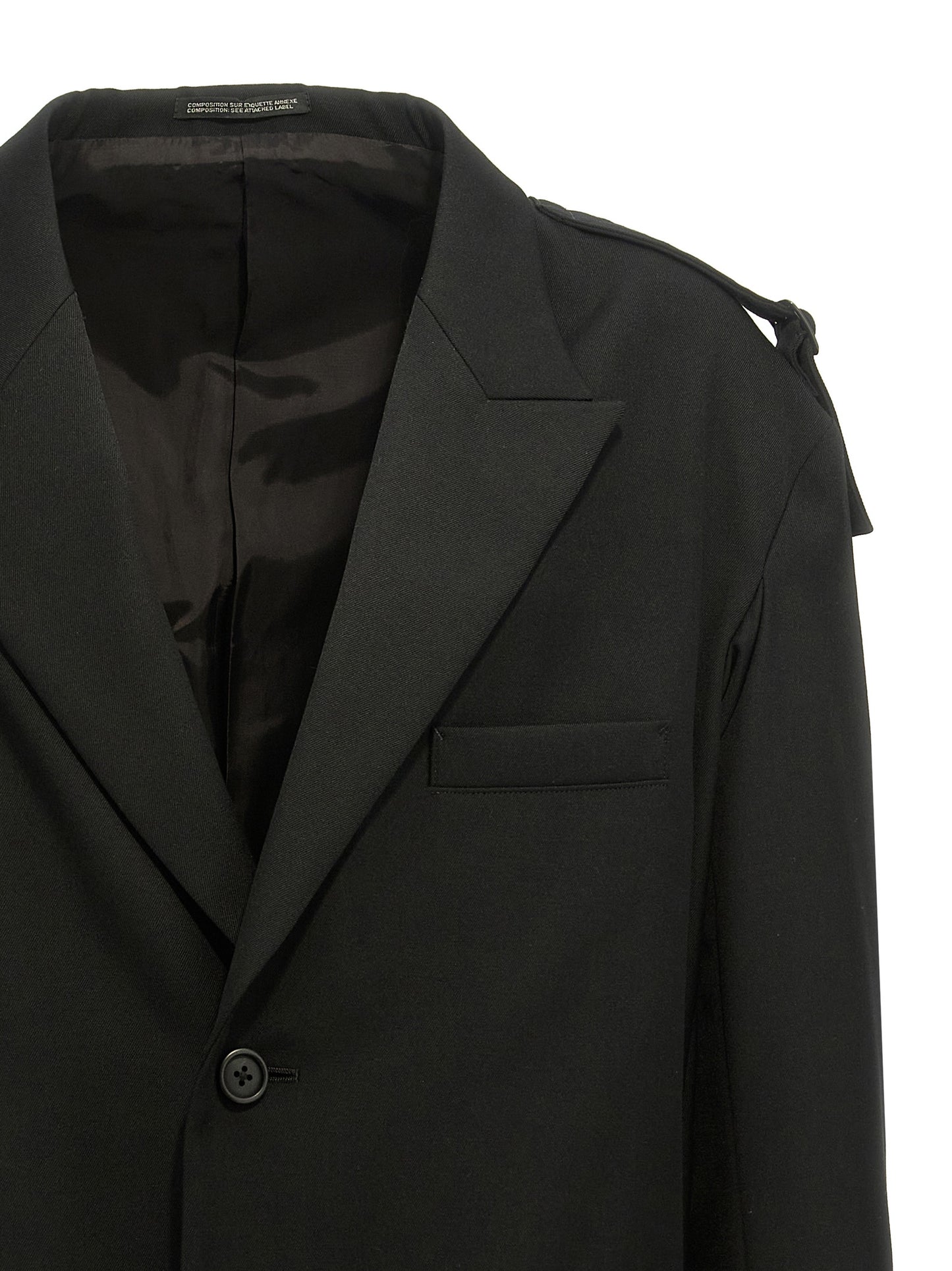 Blazer by Yohji Yamamoto for men in wool black presents a distinguished silhouette, detailed with a distinguished and distinctive for a truly sophisticated finish.