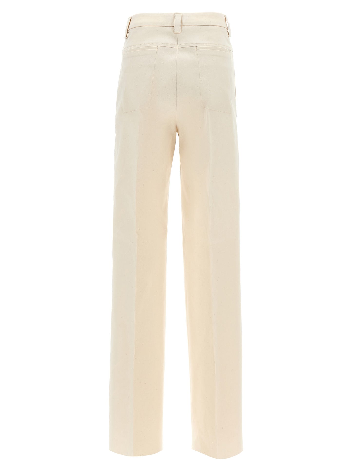 Pants by THELATEST for women in stretch cotton canvas beige features an understated silhouette, showcasing a sophisticated wide and long with a refined for an understated, polished aesthetic.