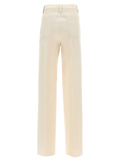 Pants by THELATEST for women in stretch cotton canvas beige features an understated silhouette, showcasing a sophisticated wide and long with a refined for an understated, polished aesthetic.