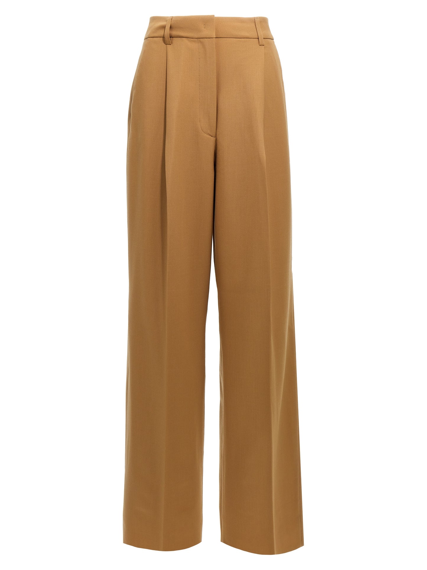 Pants by THELATEST for women in polyester & virgin wool brown features an understated silhouette, showcasing a sophisticated wide and long with a refined for an understated, polished aesthetic.