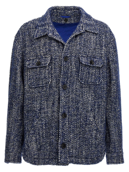 Overcoat by Etro for men in mohair polyamide & alpaca wool blue, patterned & chevron presents a luxurious silhouette, showcasing a luxurious and sophisticated for a premium, luxurious look.