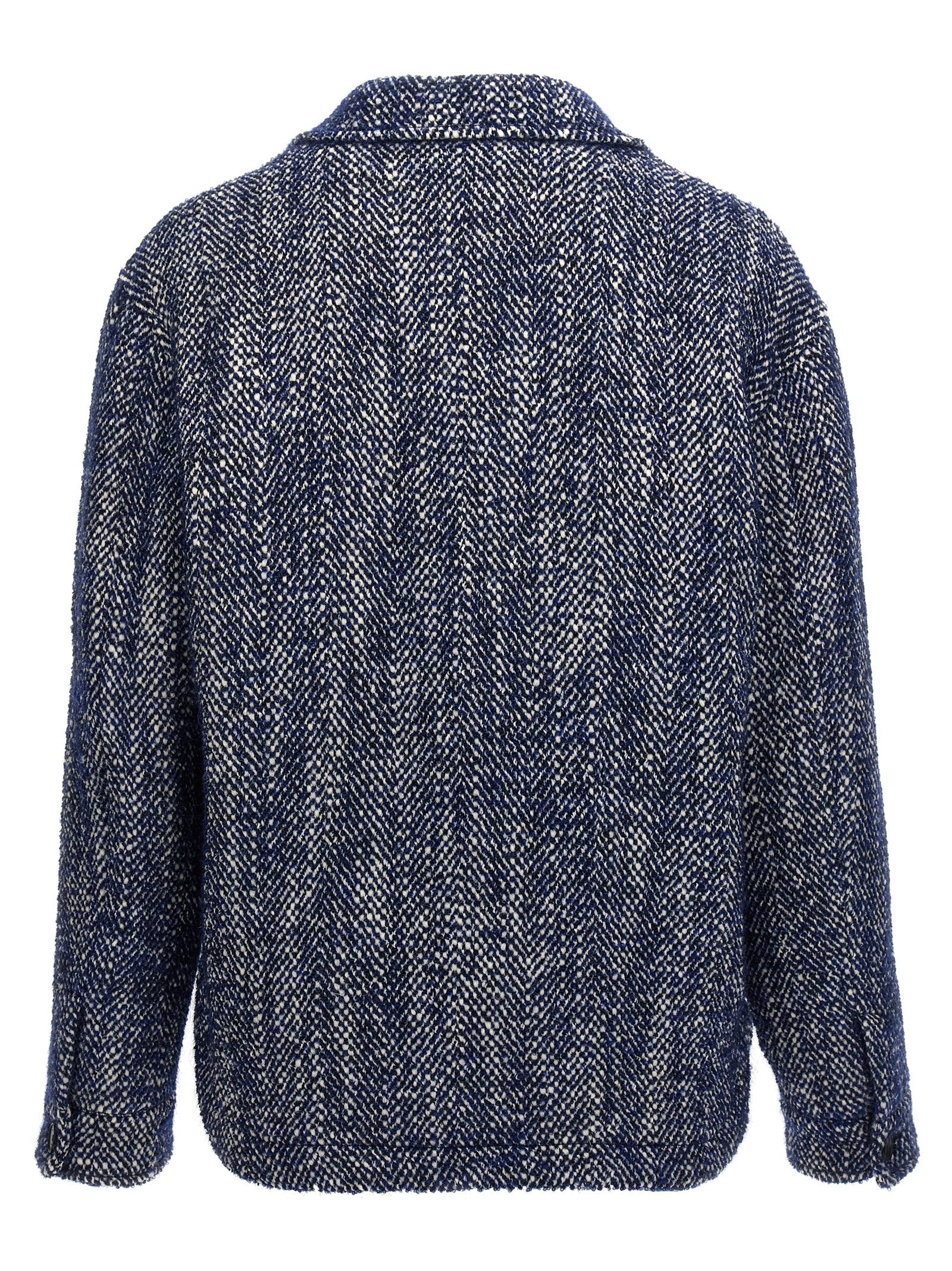 Overcoat by Etro for men in mohair polyamide & alpaca wool blue, patterned & chevron features an satoral silhouette, showcasing a sophisticated and satoral for a premium, timeless look.
