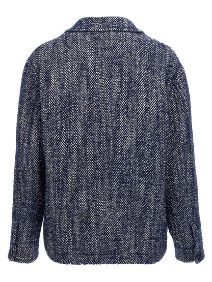 Overcoat by Etro for men in mohair polyamide & alpaca wool blue, patterned & chevron features an satoral silhouette, showcasing a sophisticated and satoral for a premium, timeless look.
