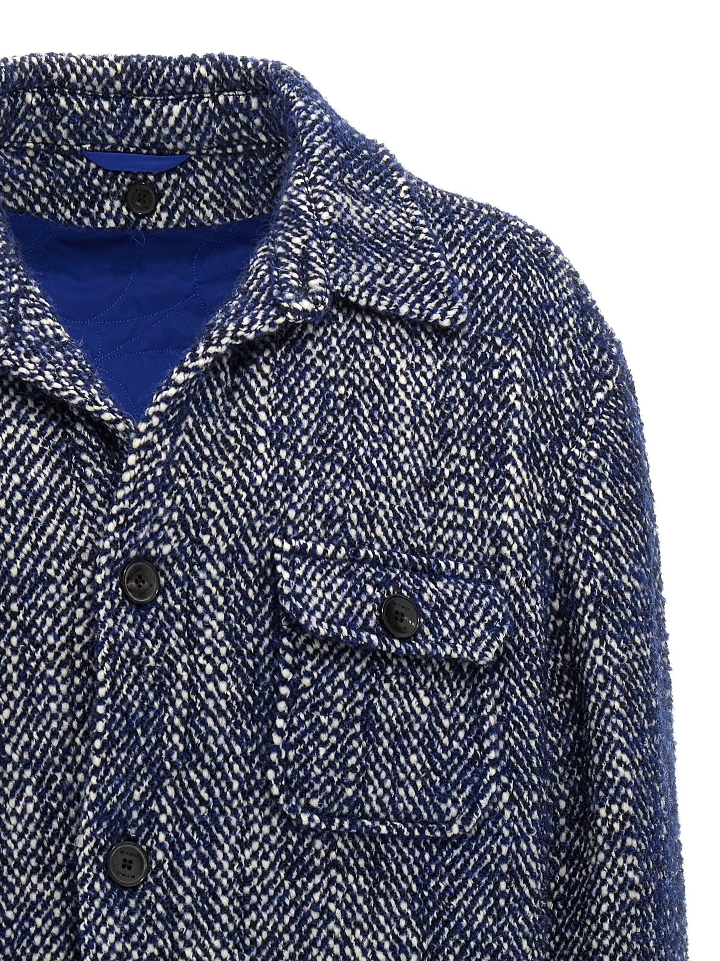 Overcoat by Etro for men in mohair polyamide & alpaca wool blue, patterned & chevron showcases a architectural silhouette, artfully detailed with a distinctive and functional for a architectural finish.