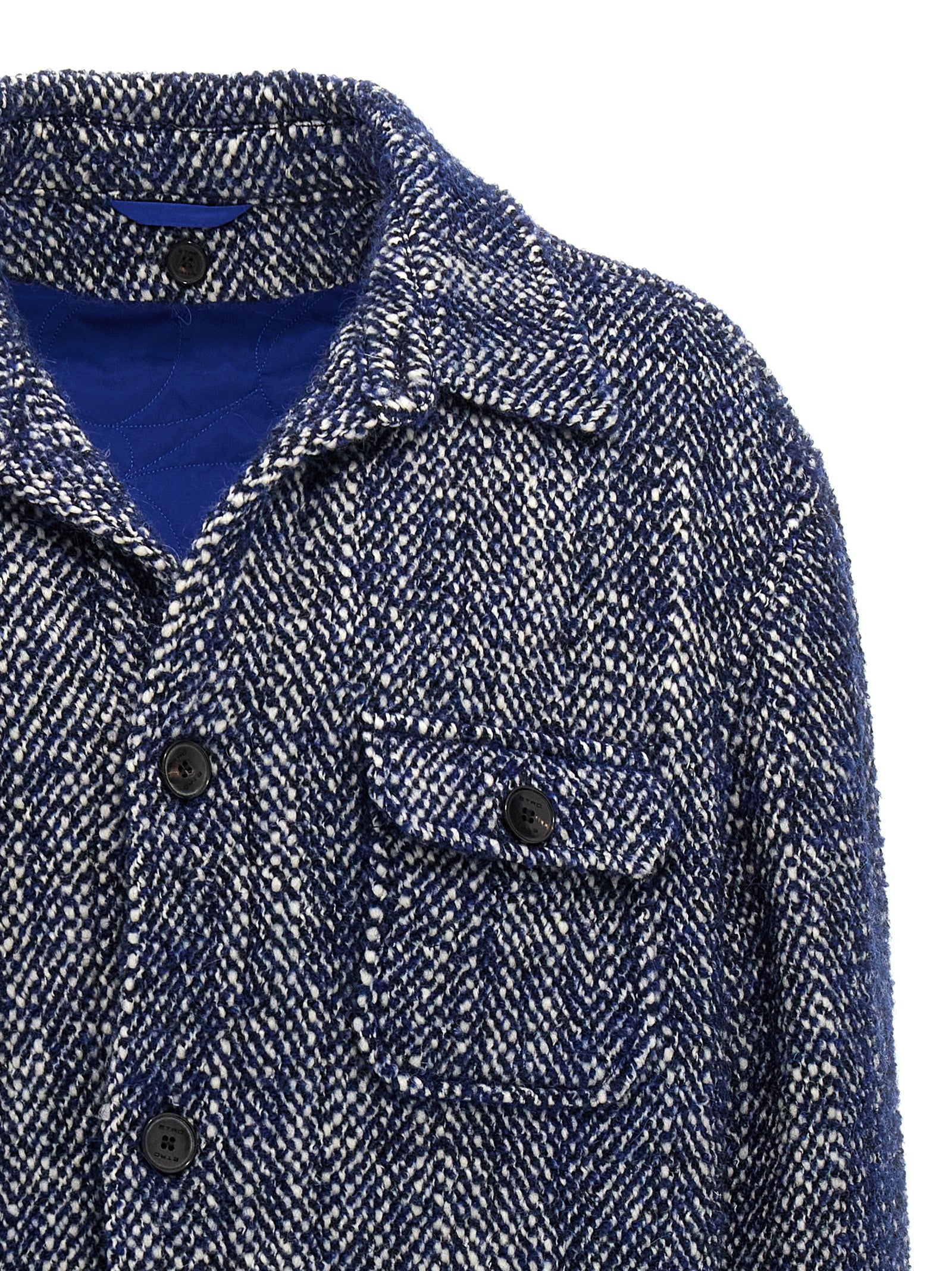 Overcoat by Etro for men in mohair polyamide & alpaca wool blue, patterned & chevron showcases a architectural silhouette, artfully detailed with a distinctive and functional for a architectural finish.