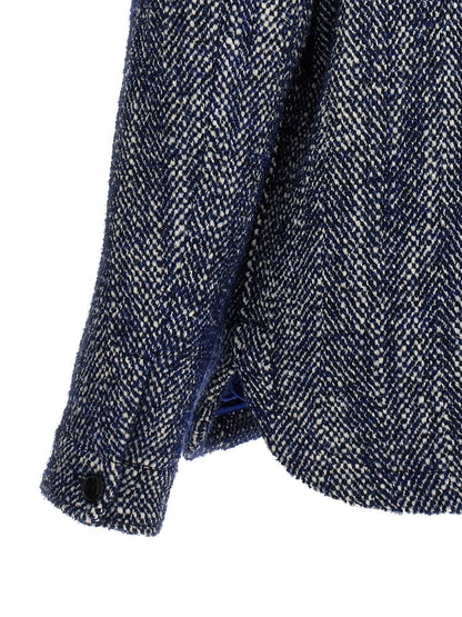 Overcoat by Etro for men in mohair polyamide & alpaca wool blue, patterned & chevron showcases a enveloping silhouette, detailed with distinctive and a enveloping .