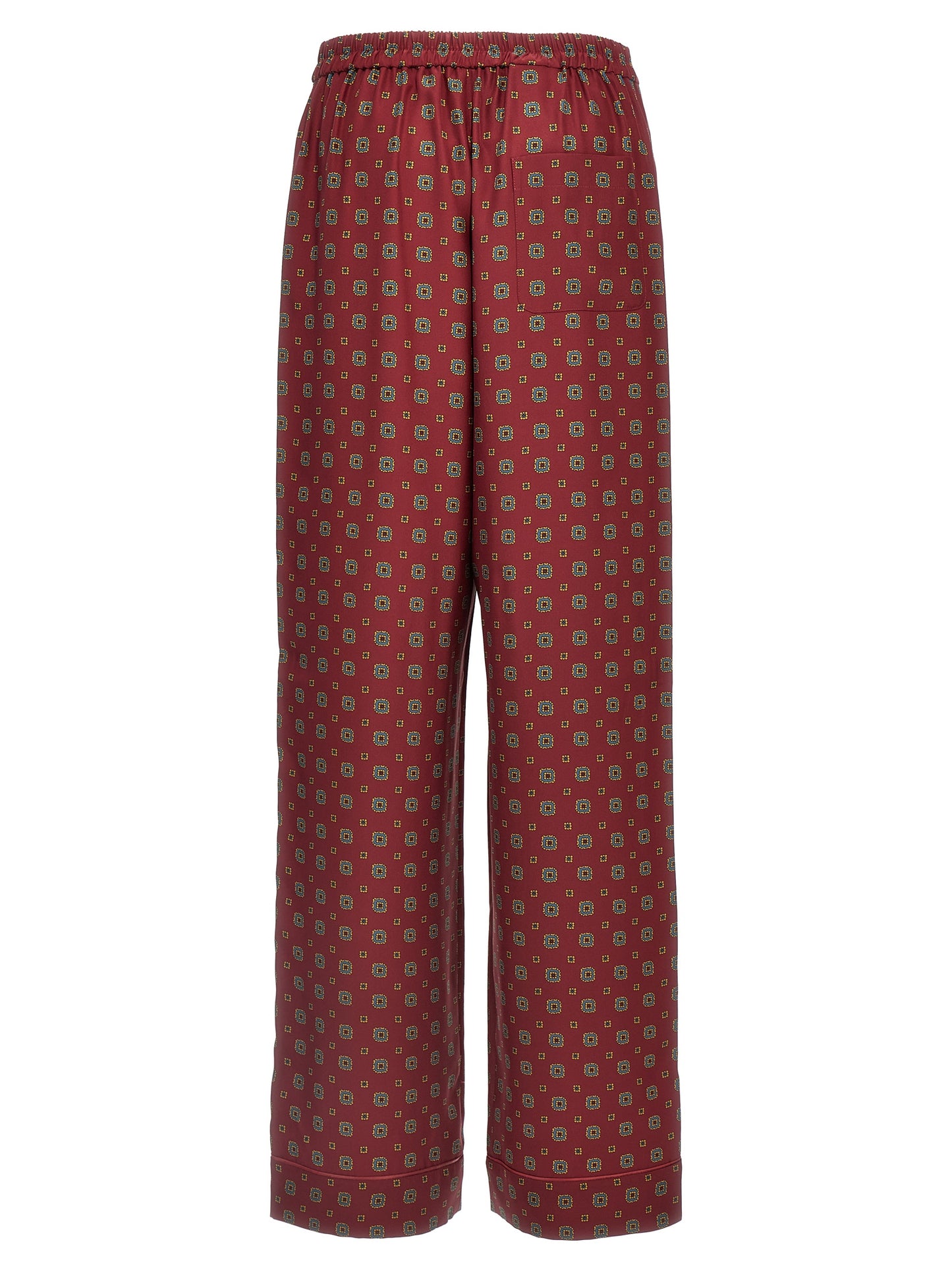 Chinos Pants by Moschino for women in silk bordeaux, patterned & print features an sharp and long with a , highlighting a sharp silhouette for a sophisticated look.