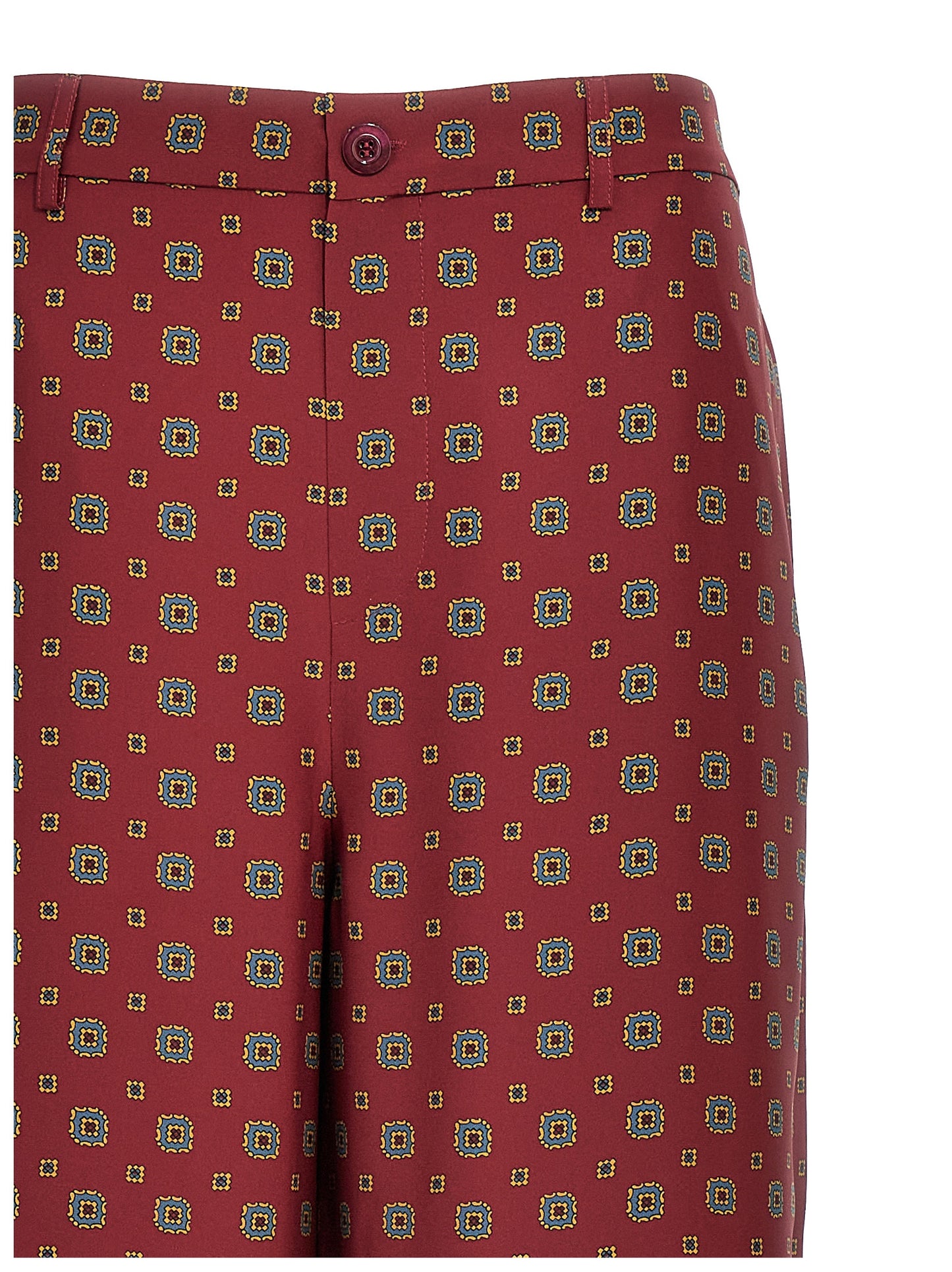 Chinos Pants by Moschino for women in silk bordeaux, patterned & print features a modern silhouette, showcasing a modern with a long and for a refined finish.