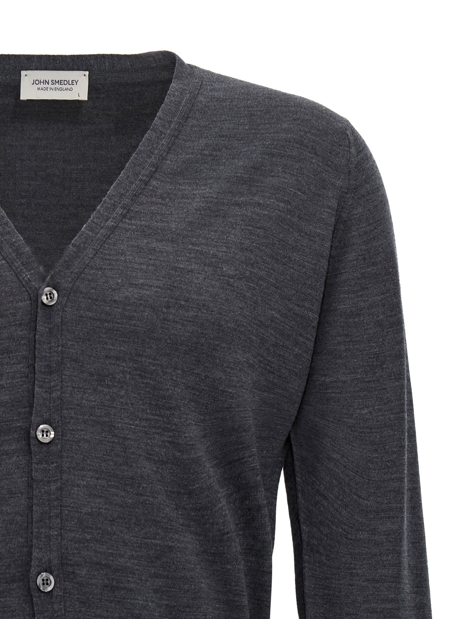 Cardigan by JOHN SMEDLEY for men in wool gray features a dramatic silhouette, showcasing a sophisticated and dramatic detail for a timeless, premium look.