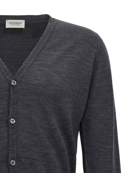Cardigan by JOHN SMEDLEY for men in wool gray features a dramatic silhouette, showcasing a sophisticated and dramatic detail for a timeless, premium look.