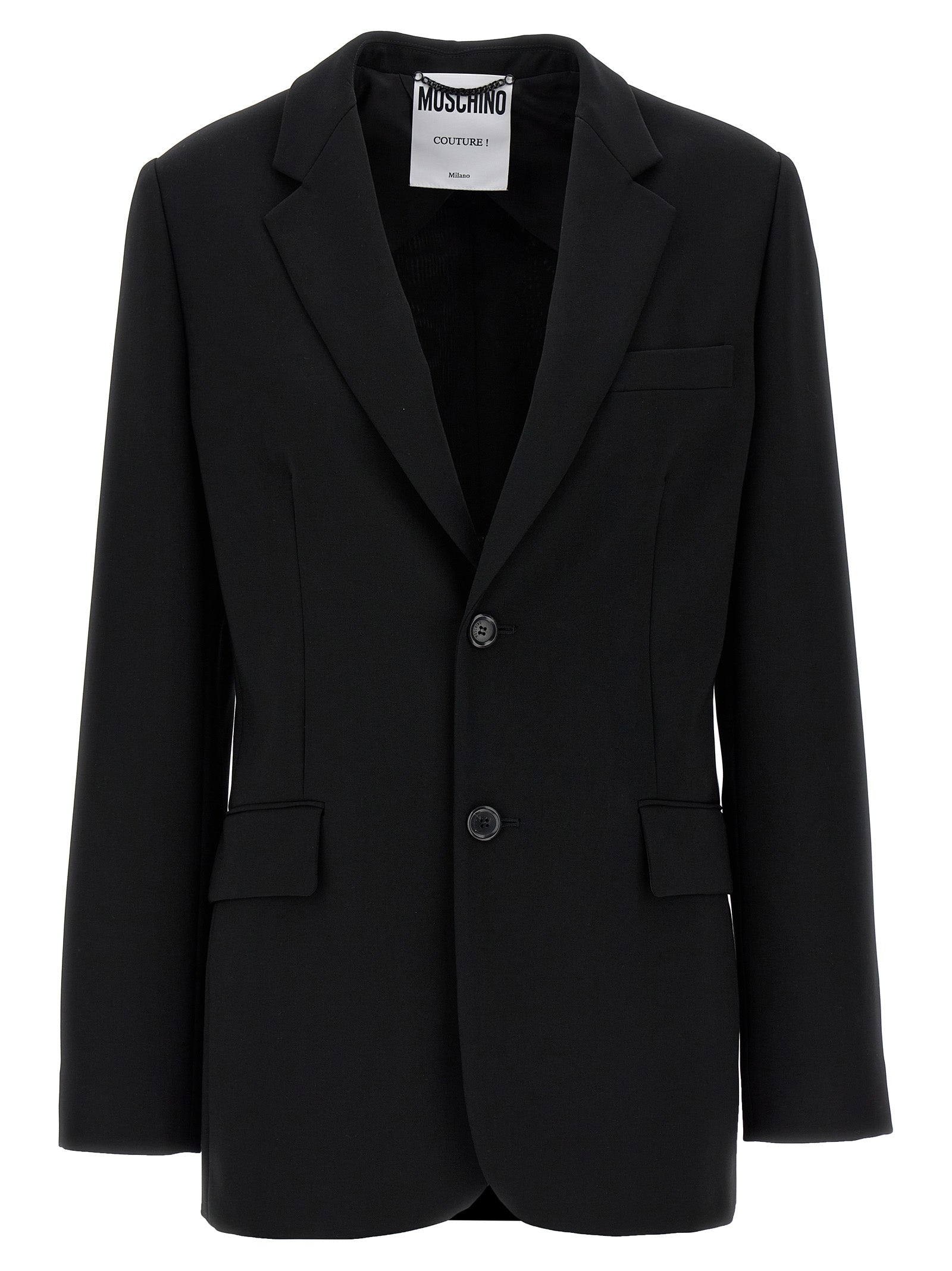 Blazer by Moschino for women in stretch polyester black features an stylish silhouette, showcasing a sophisticated and stylish for a truly stylish finish.