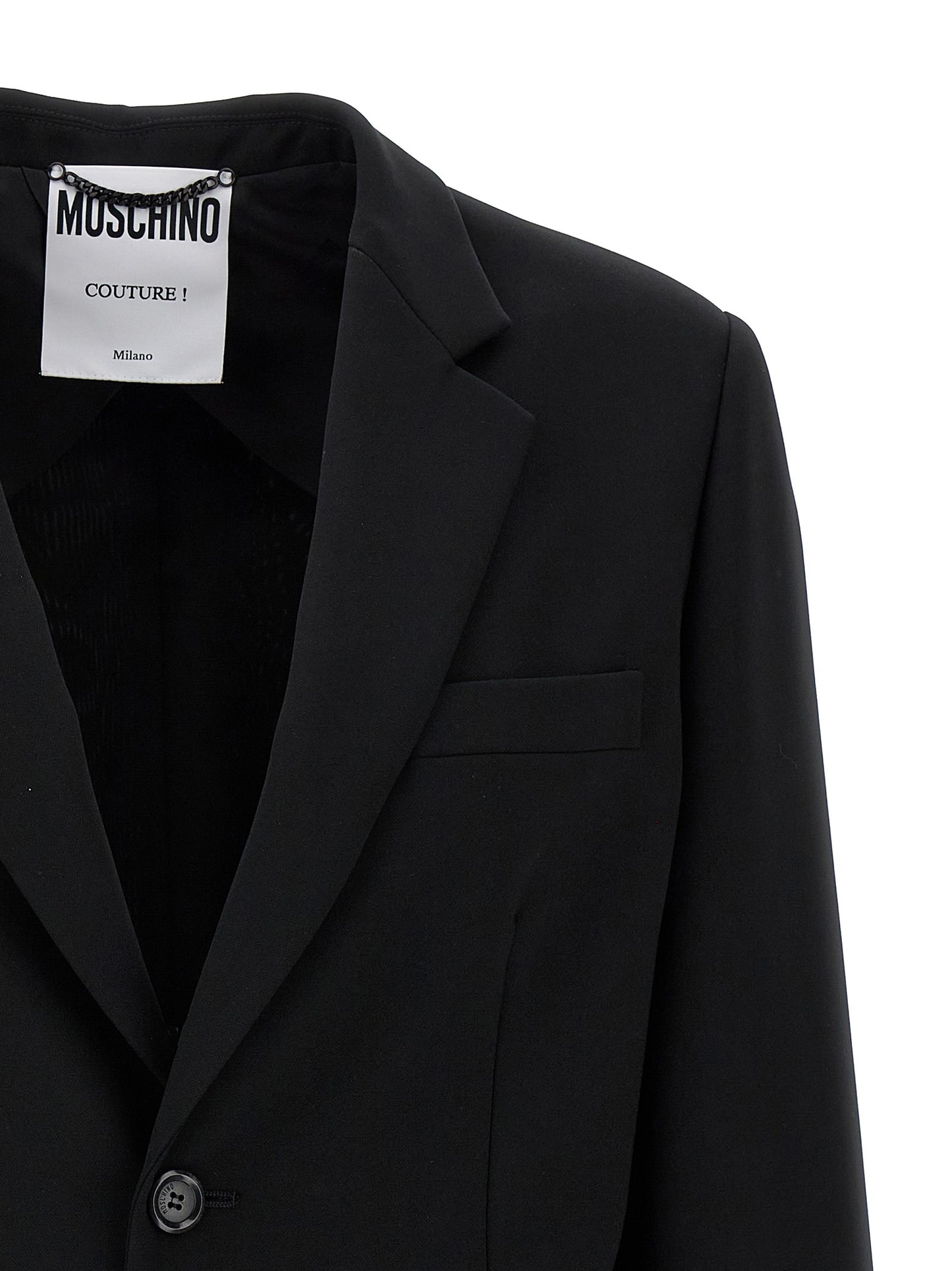 Blazer by Moschino for women in stretch polyester black features an sartorial silhouette, showcasing a sophisticated and sartorial for a truly sartorial finish.