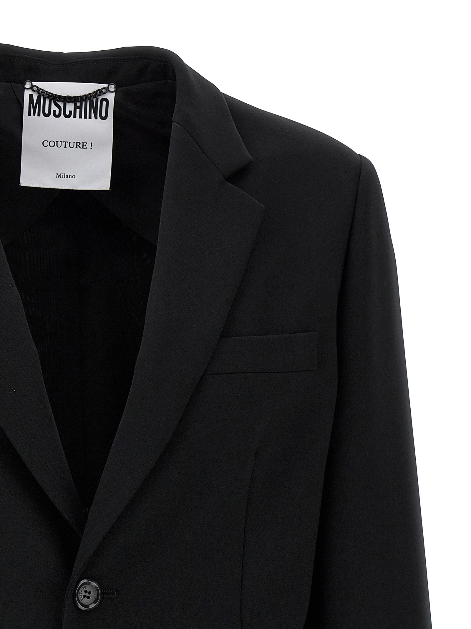 Blazer by Moschino for women in stretch polyester black features an sartorial silhouette, showcasing a sophisticated and sartorial for a truly sartorial finish.