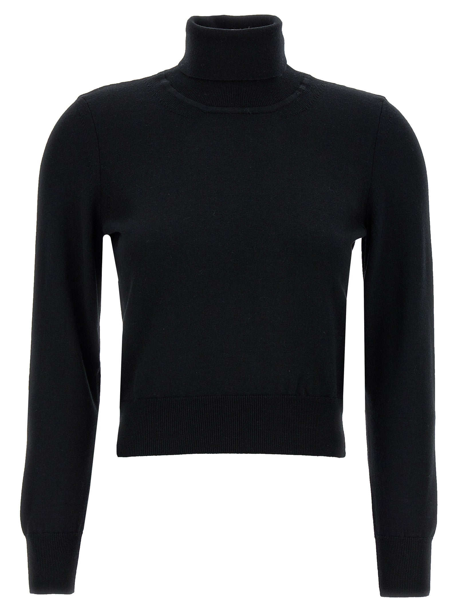 Cardigan by ANTONINO VALENTI for women in merino wool black features a nuanced silhouette with a refined turtle high-neck neckline and nuanced detailing for a sophisticated look.