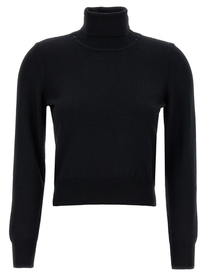Cardigan by ANTONINO VALENTI for women in merino wool black features a nuanced silhouette with a refined turtle high-neck neckline and nuanced detailing for a sophisticated look.