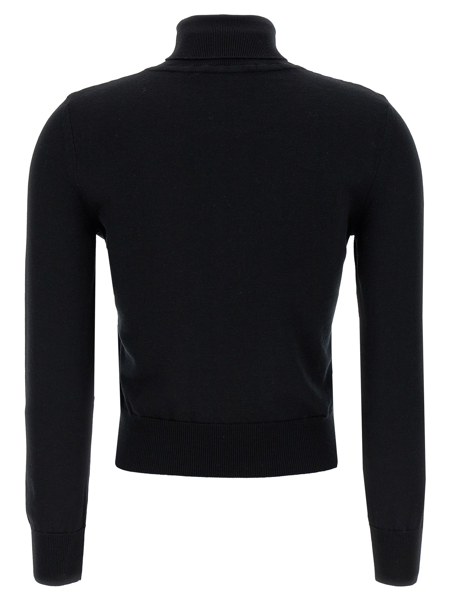 Cardigan by ANTONINO VALENTI for women in merino wool black showcases a captivating silhouette, artfully detailed with a captivating and turtle high-neck neckline for a truly sophisticated captivating look.