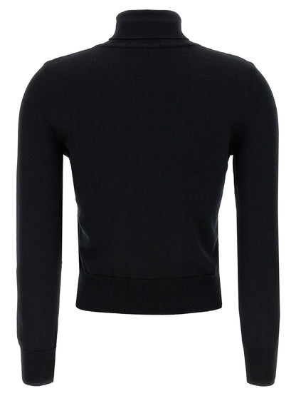 Cardigan by ANTONINO VALENTI for women in merino wool black showcases a captivating silhouette, artfully detailed with a captivating and turtle high-neck neckline for a truly sophisticated captivating look.