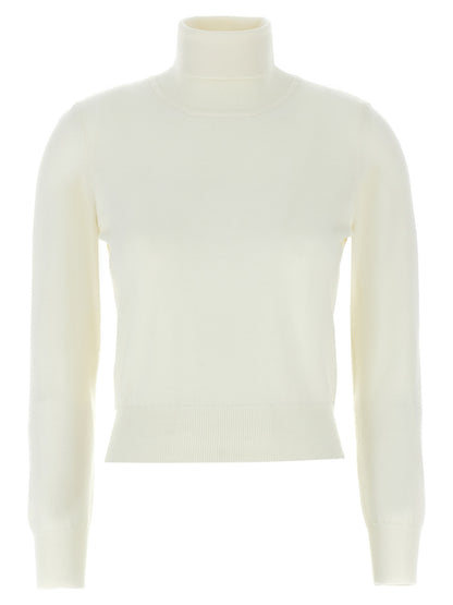 Cardigan by ANTONINO VALENTI for women in merino wool white features an crisp silhouette, showcasing a sophisticated turtle high-neck neckline and detail for a truly crisp finish.