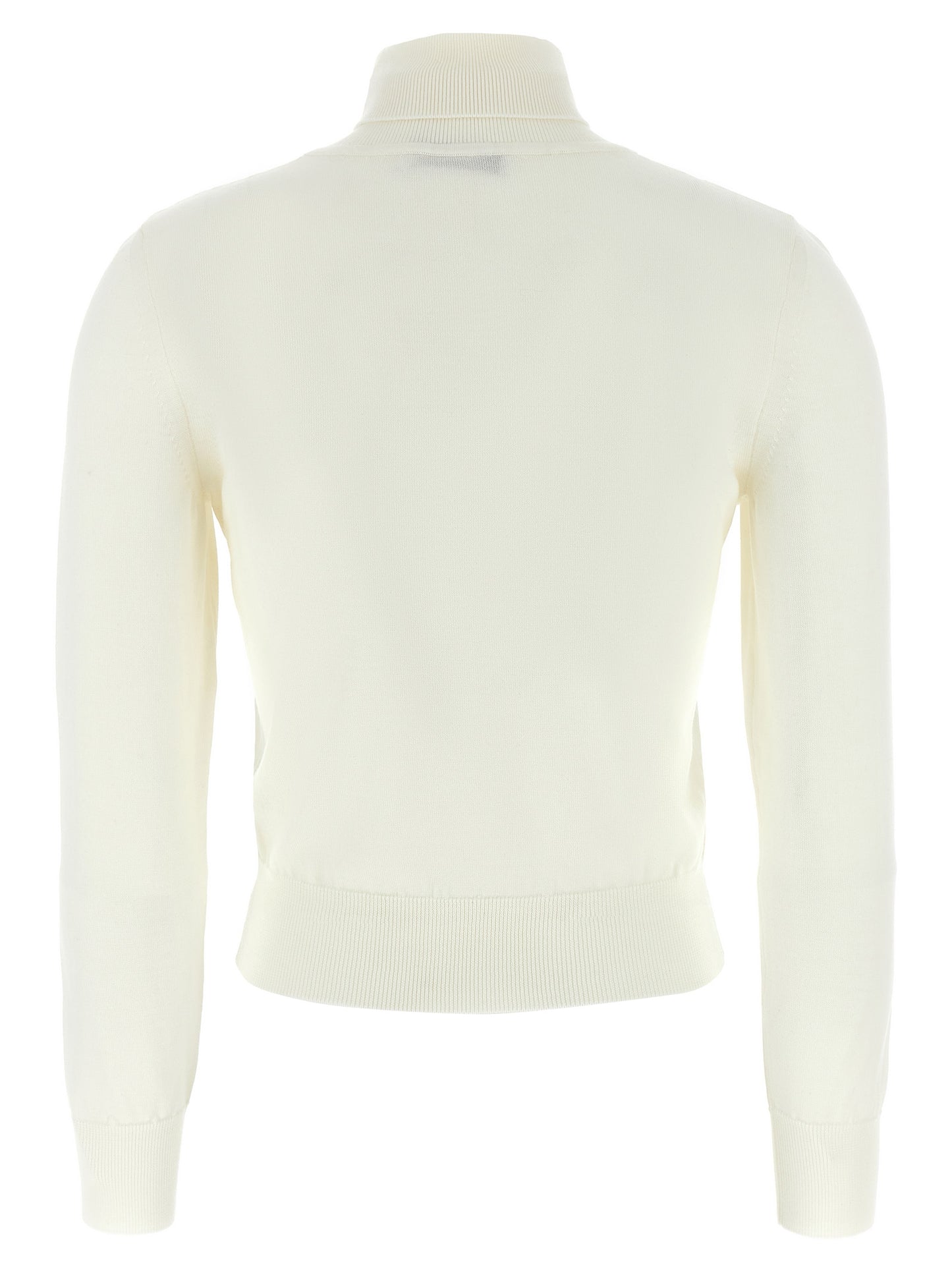 Cardigan by ANTONINO VALENTI for women in merino wool white showcases a captivating silhouette, artfully detailed with a captivating and turtle high-neck neckline for a truly sophisticated captivating look.