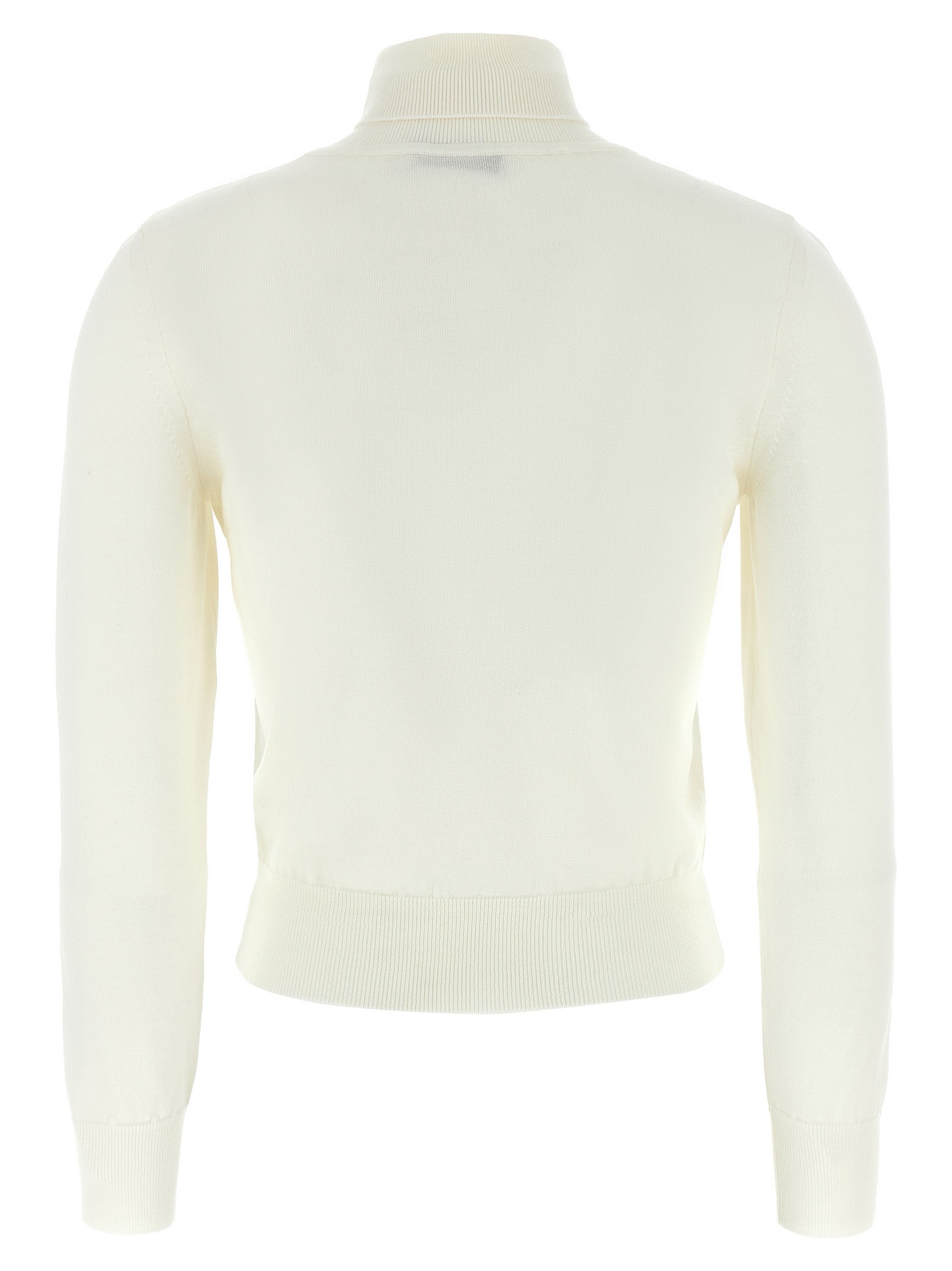 Cardigan by ANTONINO VALENTI for women in merino wool white showcases a captivating silhouette, artfully detailed with a captivating and turtle high-neck neckline for a truly sophisticated captivating look.