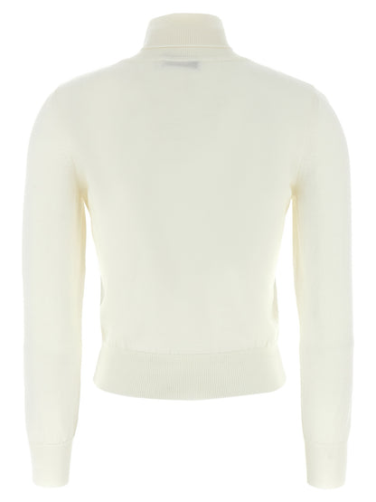 Cardigan by ANTONINO VALENTI for women in merino wool white showcases a captivating silhouette, artfully detailed with a captivating and turtle high-neck neckline for a truly sophisticated captivating look.