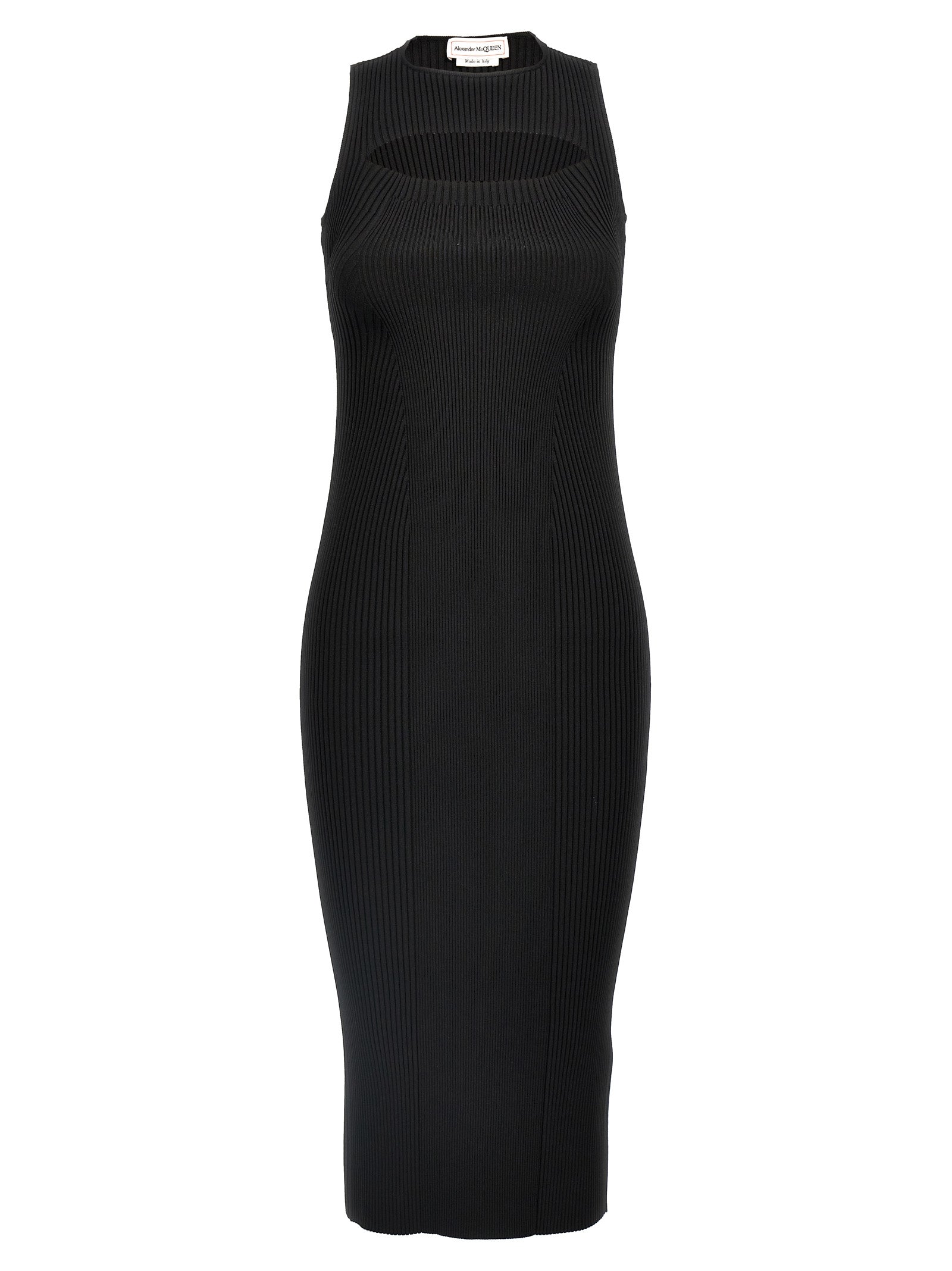 Dress by Alexander McQueen for women in polyamide viscose black features a dramatic silhouette, showcasing an elegant crew neckline and sleeveless that flows into a dramatic midi.