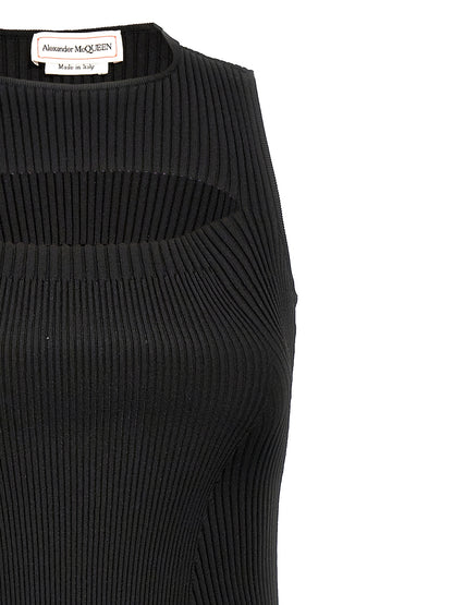 Dress by Alexander McQueen for women in polyamide viscose black showcases a striking silhouette, elegantly detailed with a , refined crew neckline, and a striking midi for a striking finish.