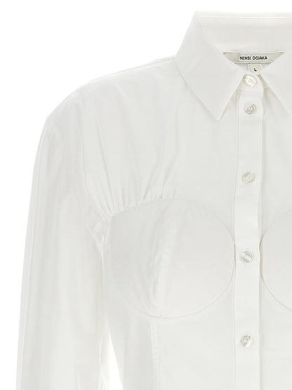 Blouse by Nensi Dojaka for women in cotton white showcases a sleek silhouette, elegantly detailed with a sleek and for a sleek finish.