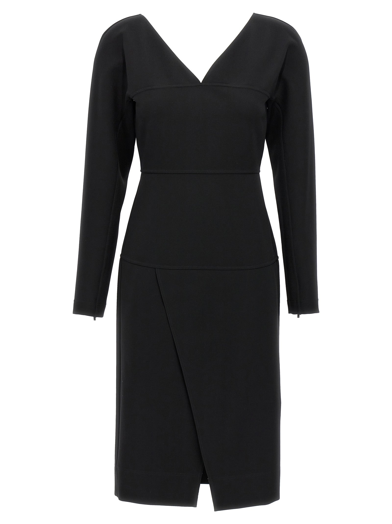 Dress by Fendi for women in stretch viscose black & signature features an cute silhouette, detailed with a long-sleeve and v-neck split neckline that elegantly flows into a cute midi.
