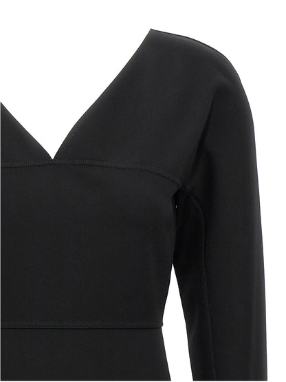 Dress by Fendi for women in stretch viscose black & signature features an eye catching silhouette with a sophisticated v-neck split neckline, elegant , and a refined midi for a eye catching aesthetic.