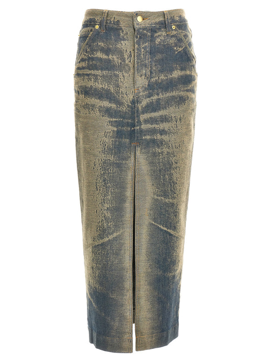 Skirt by Darkpark for women in stretch denim cotton polyester blue features a captivating silhouette, showcasing the captivating Women's Denim Stretch Cotton Polyester Maxi Mini Skirt design with a sophisticated maxi mini for a captivating look.