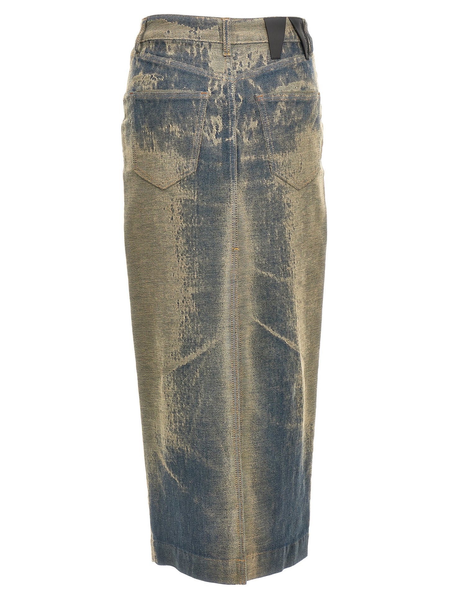 Skirt by Darkpark for women in stretch denim cotton polyester blue features an relaxed-yet-refined silhouette that elegantly showcases the Women's Denim Stretch Cotton Polyester Maxi Mini Skirt design and sophisticated maxi mini.