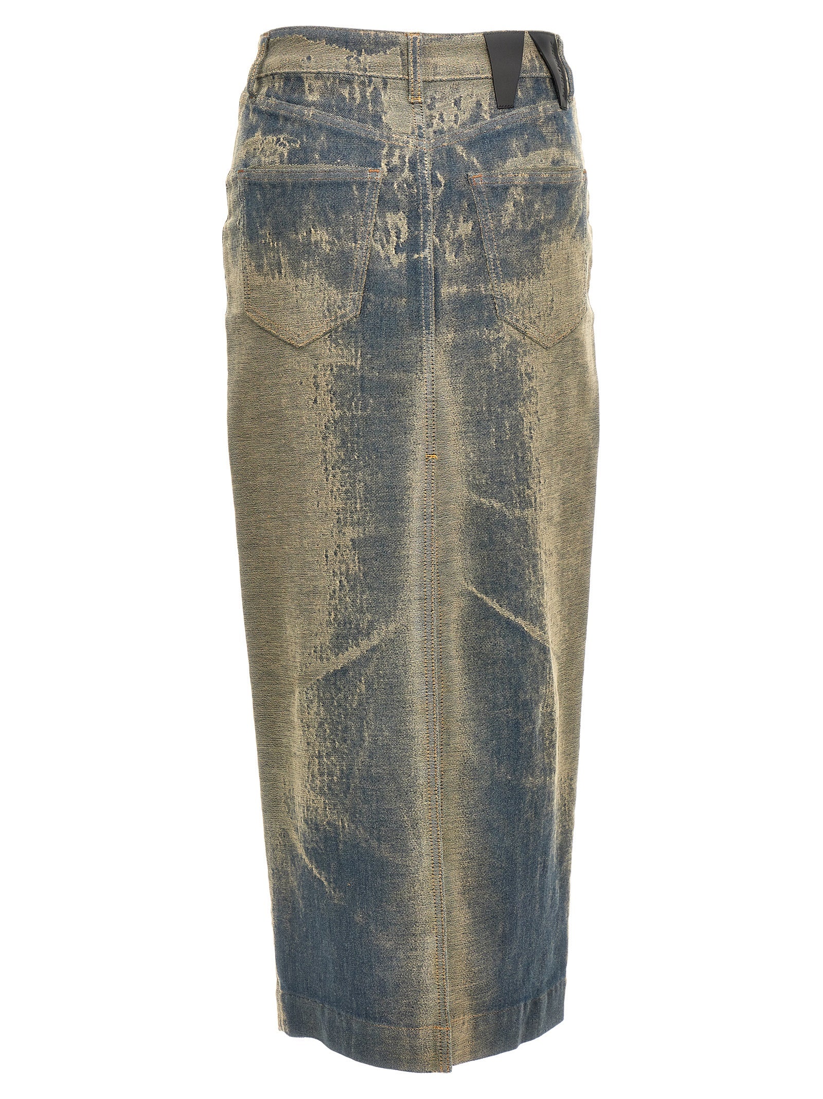 Skirt by Darkpark for women in stretch denim cotton polyester blue features an relaxed-yet-refined silhouette that elegantly showcases the Women's Denim Stretch Cotton Polyester Maxi Mini Skirt design and sophisticated maxi mini.