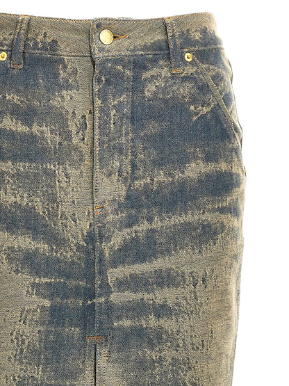 Skirt by Darkpark for women in stretch denim cotton polyester blue showcases a sultry silhouette, elegantly defined by its maxi mini and the sophisticated sultry design of the Women's Denim Stretch Cotton Polyester Maxi Mini Skirt.