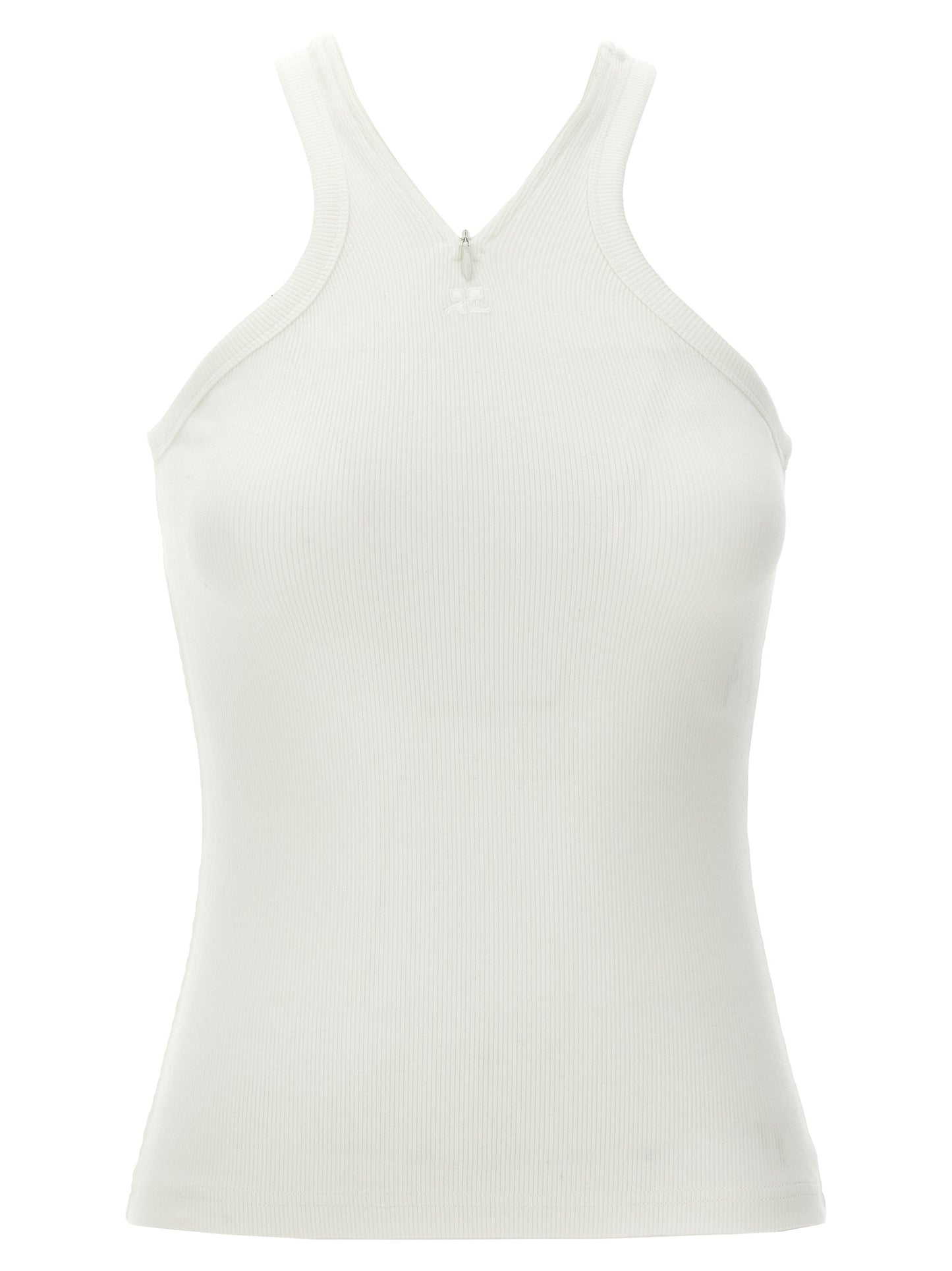 Tank Top by Courrèges for women in stretch cotton white showcases a sumptuous silhouette, artfully detailed with a sumptuous v-neck neckline and sleeveless for a truly sumptuous finish.