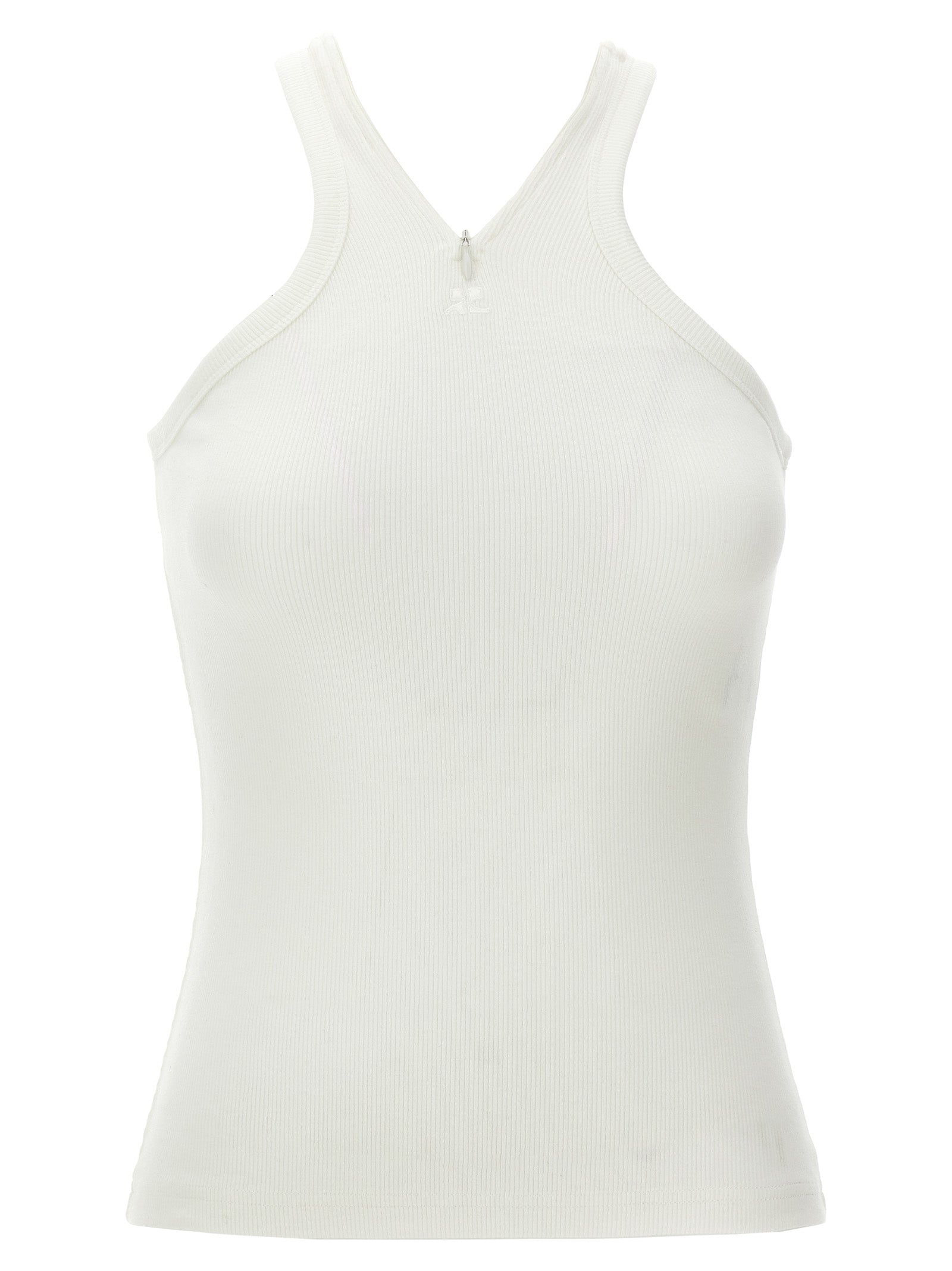 Tank Top by Courrèges for women in stretch cotton white showcases a sumptuous silhouette, artfully detailed with a sumptuous v-neck neckline and sleeveless for a truly sumptuous finish.