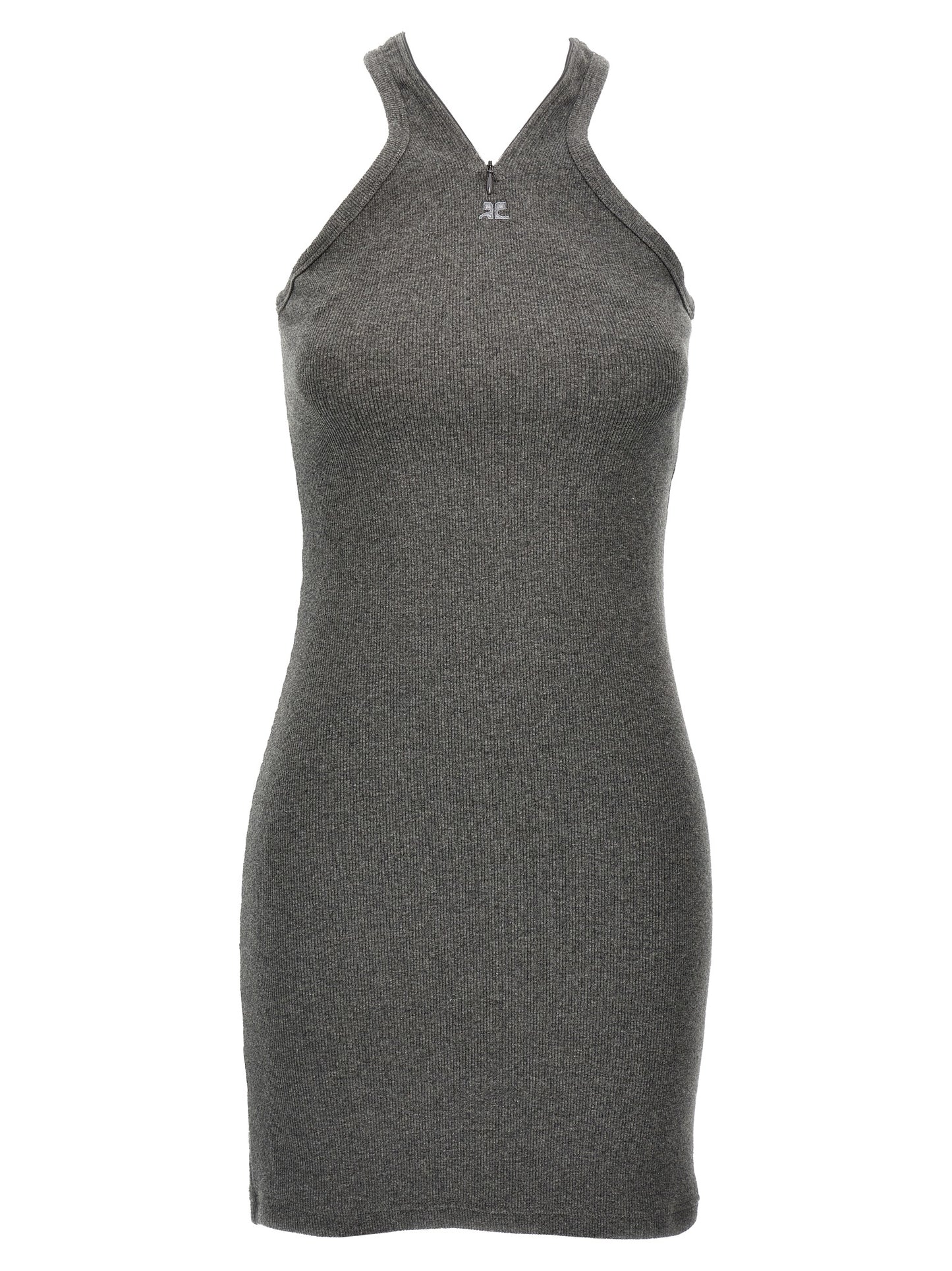Dress by Courrèges for women in stretch cotton gray features an sultry silhouette defined by a v-neck neckline and sleeveless, falling to an sultry short mini for a sultry look.