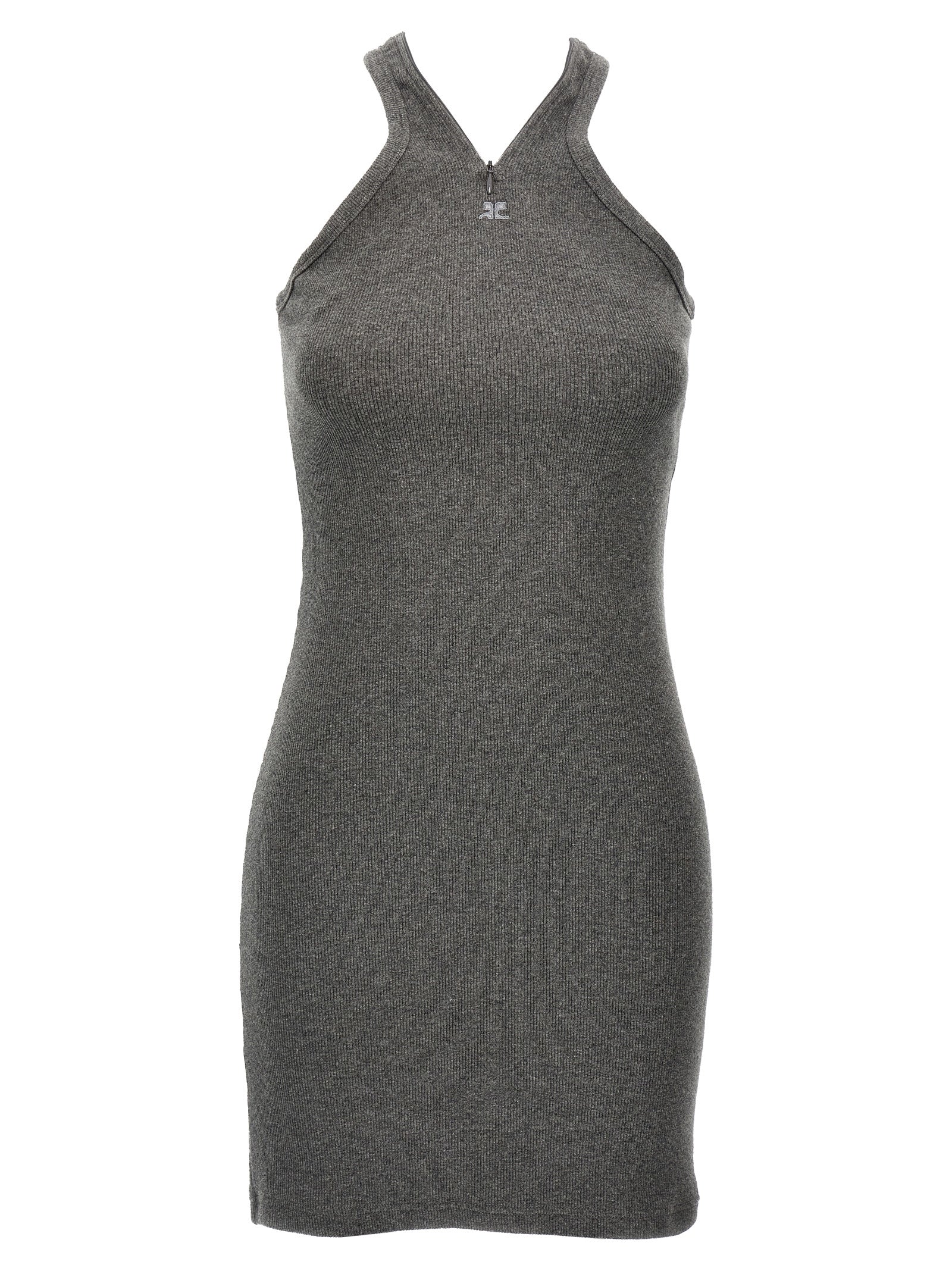 Dress by Courrèges for women in stretch cotton gray features an sultry silhouette defined by a v-neck neckline and sleeveless, falling to an sultry short mini for a sultry look.
