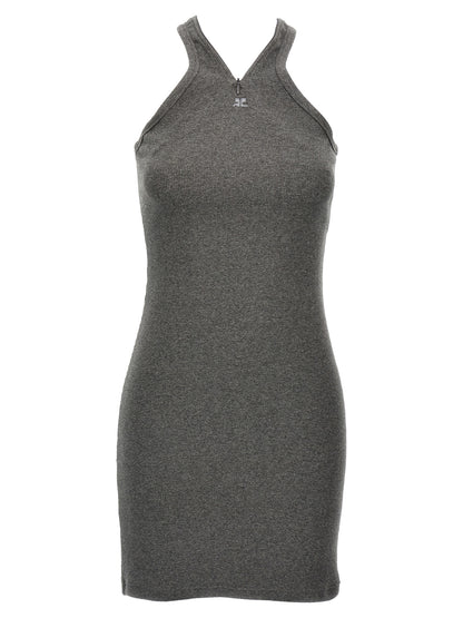 Dress by Courrèges for women in stretch cotton gray features an sultry silhouette defined by a v-neck neckline and sleeveless, falling to an sultry short mini for a sultry look.