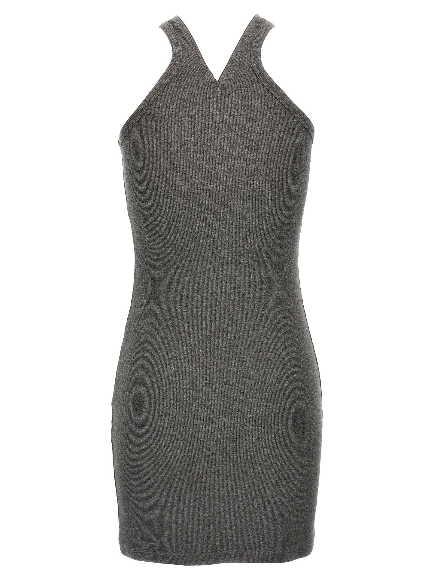 Dress by Courrèges for women in stretch cotton gray features an magnificent silhouette, artfully detailed with a magnificent v-neck neckline and that flows into an magnificent short mini.