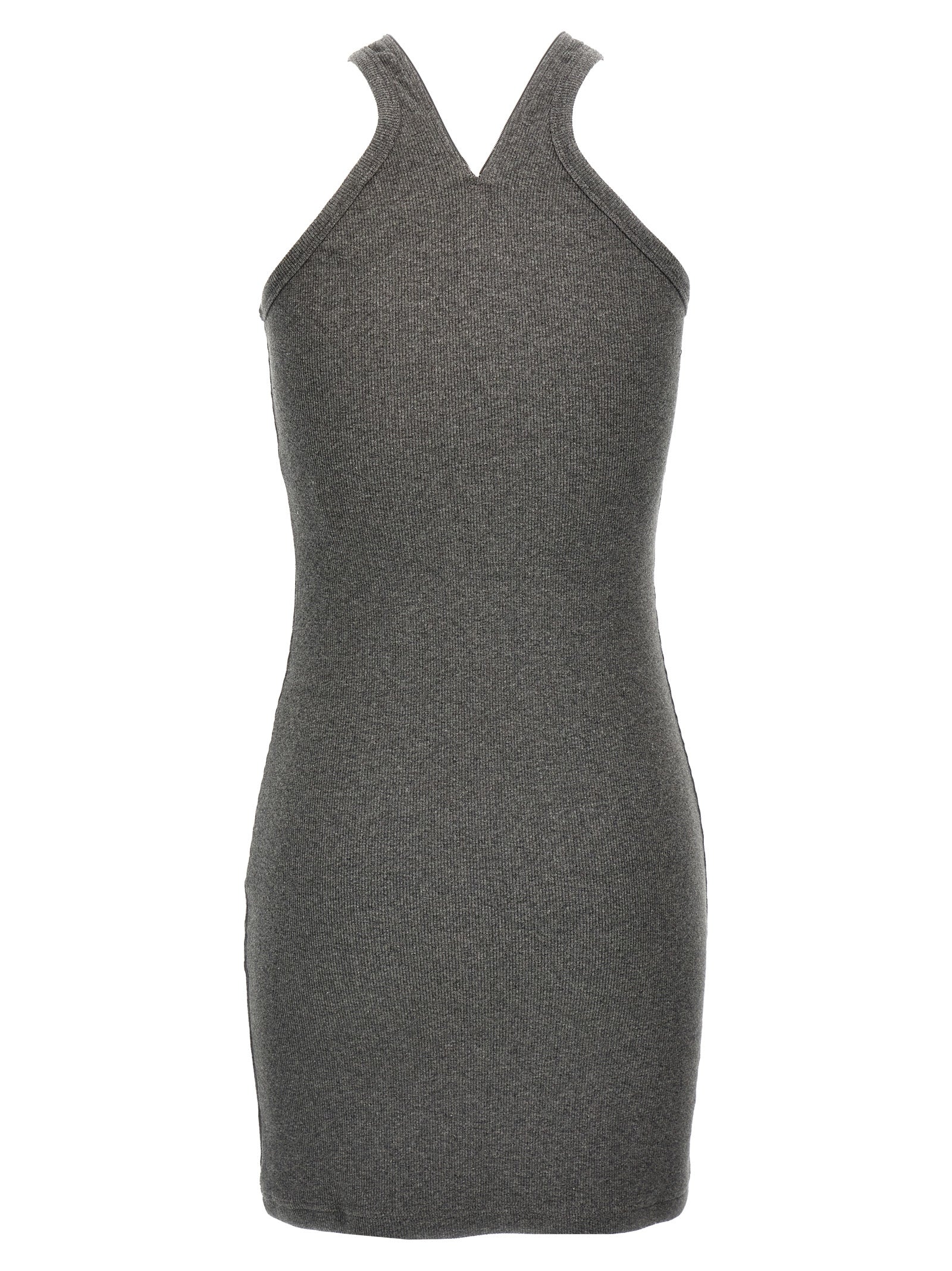 Dress by Courrèges for women in stretch cotton gray features an magnificent silhouette, artfully detailed with a magnificent v-neck neckline and that flows into an magnificent short mini.