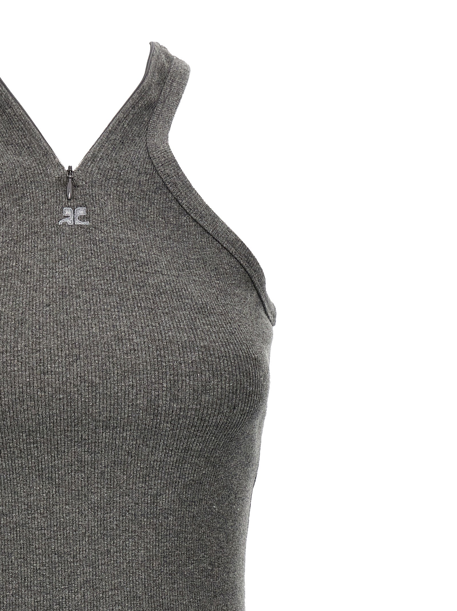 Dress by Courrèges for women in stretch cotton gray features an eye catching silhouette with a sophisticated , elegant , and a refined short mini for a eye catching aesthetic.