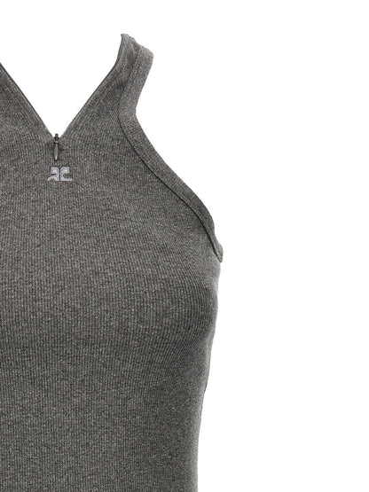 Dress by Courrèges for women in stretch cotton gray features an eye catching silhouette with a sophisticated , elegant , and a refined short mini for a eye catching aesthetic.