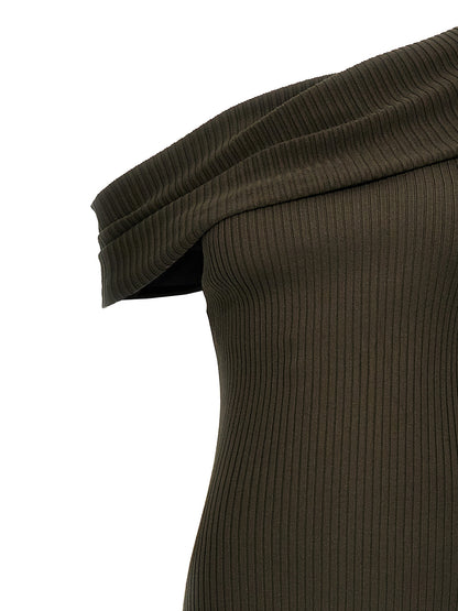 Dress by Courrèges for women in polyester & viscose brown features an sultry silhouette defined by a and , falling to an sultry long for a sultry look.