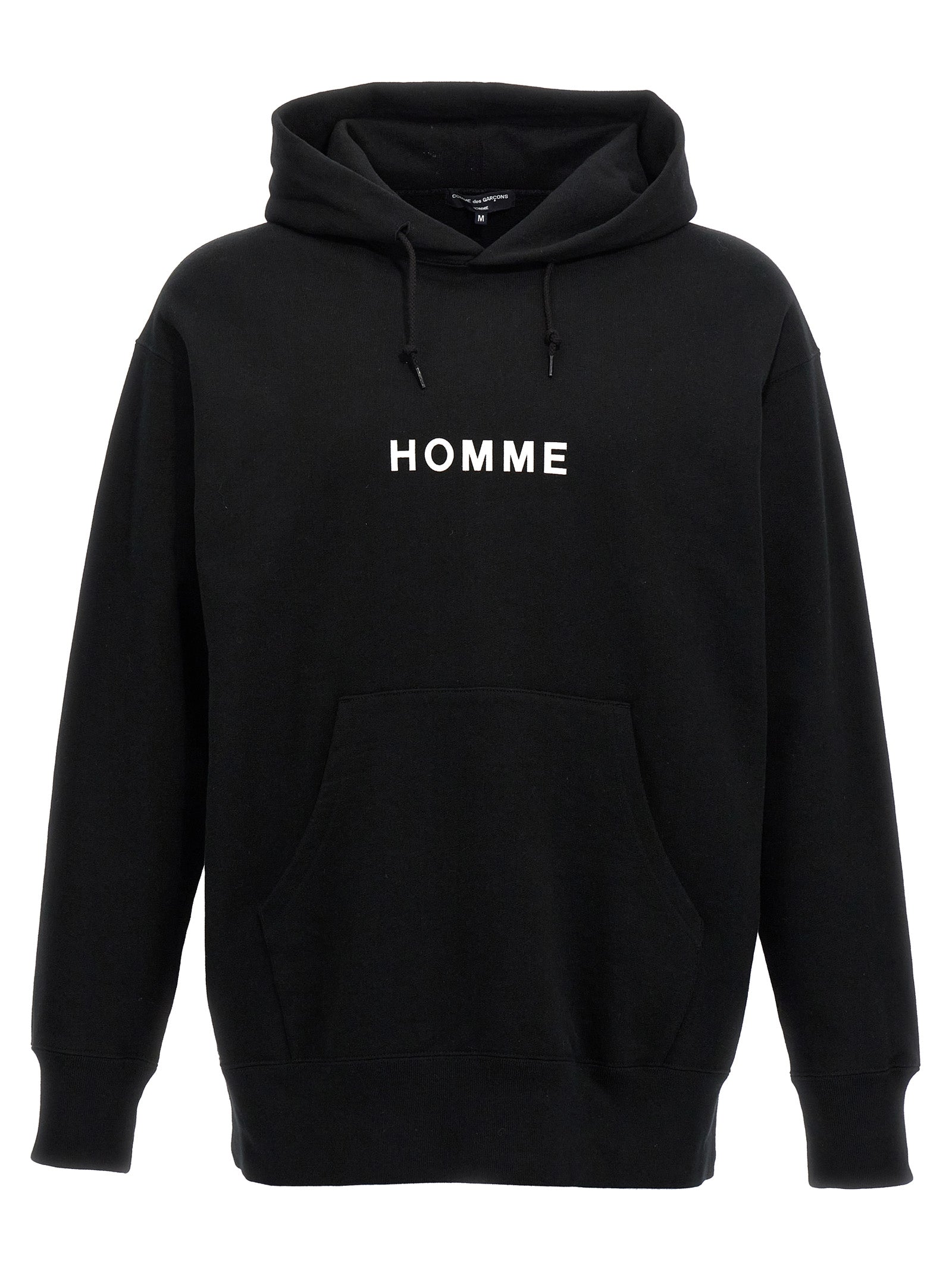 Sweatshirt Hoodie by Comme Des Garçons for men in cotton black, signature & print features an dramatic silhouette, showcasing a sophisticated hooded neckline and dramatic for a refined, modern aesthetic.